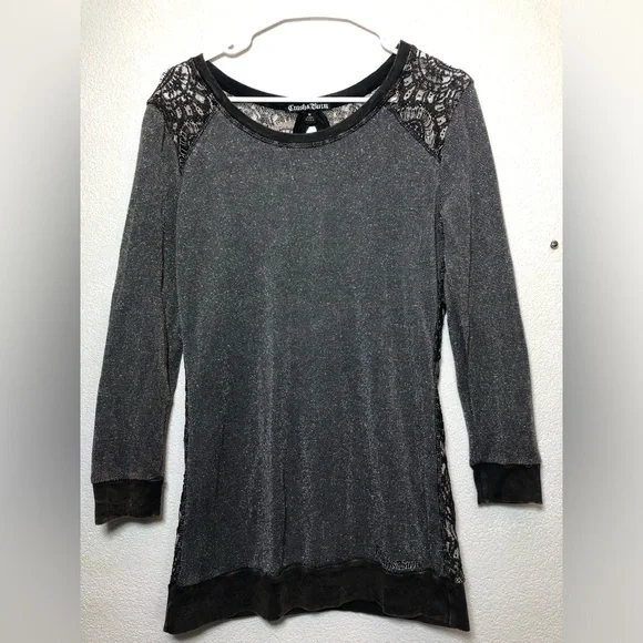 Crash & Burn Shimmering Charcoal Blouse with Lace Accents - Picture 1 of 9